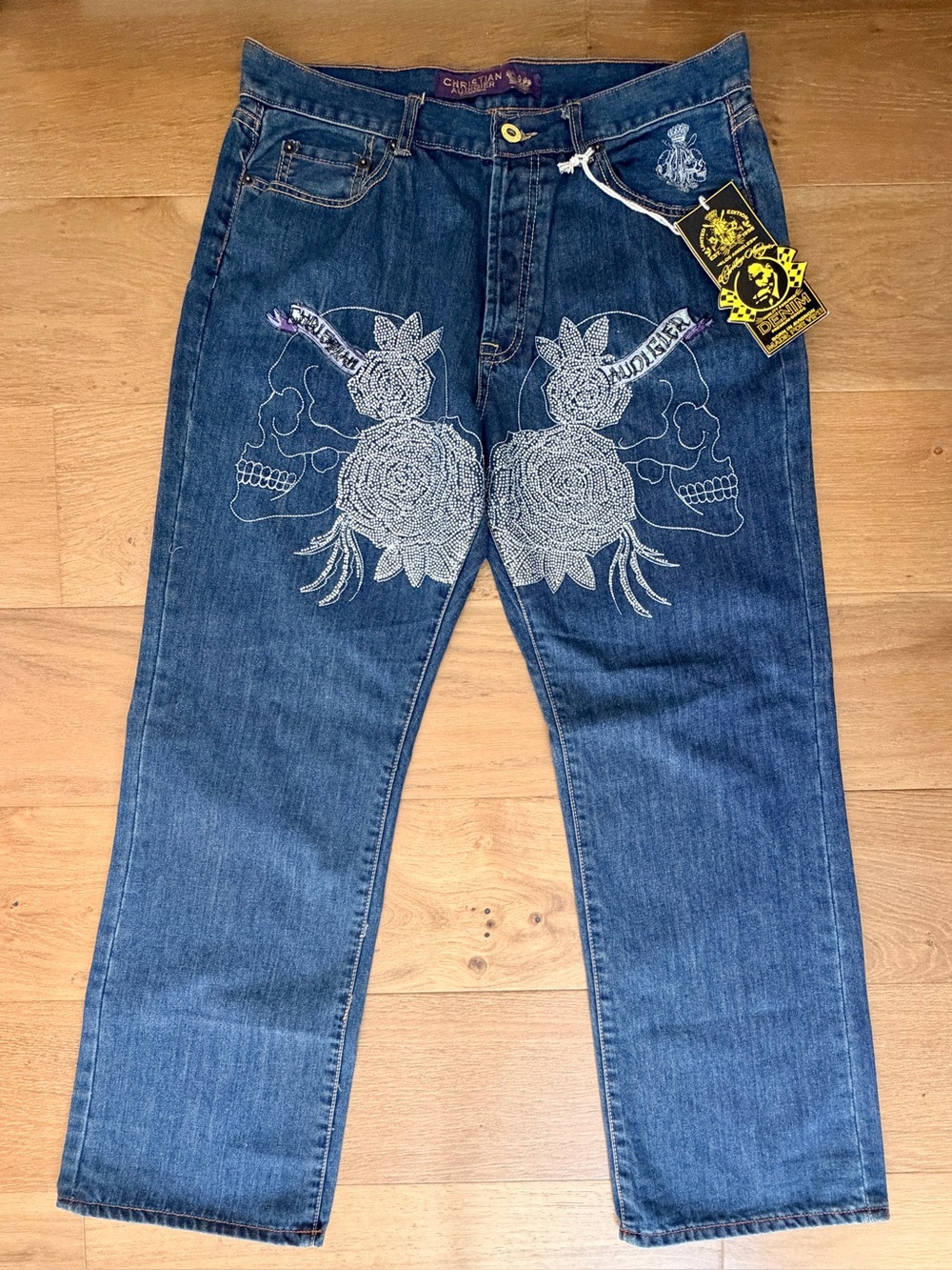 NWT Christian Audigier Skull Roses Rhinestone Jeans 36x32 Y2K VTG Deadstock Rare